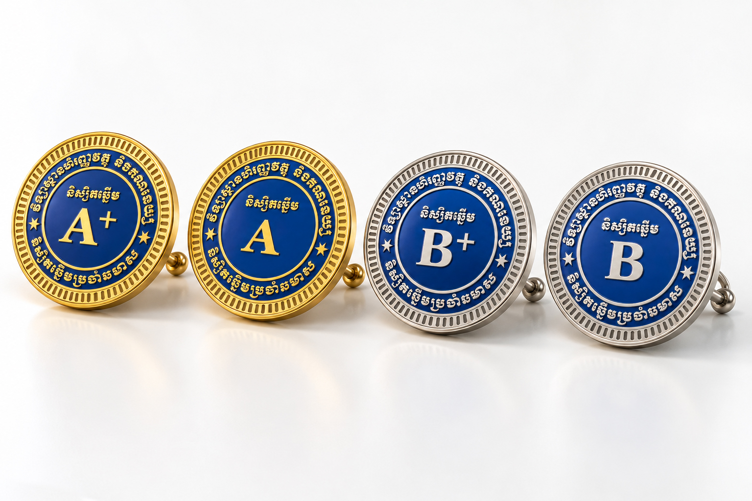 Grade A+, A, B+, and B award pins